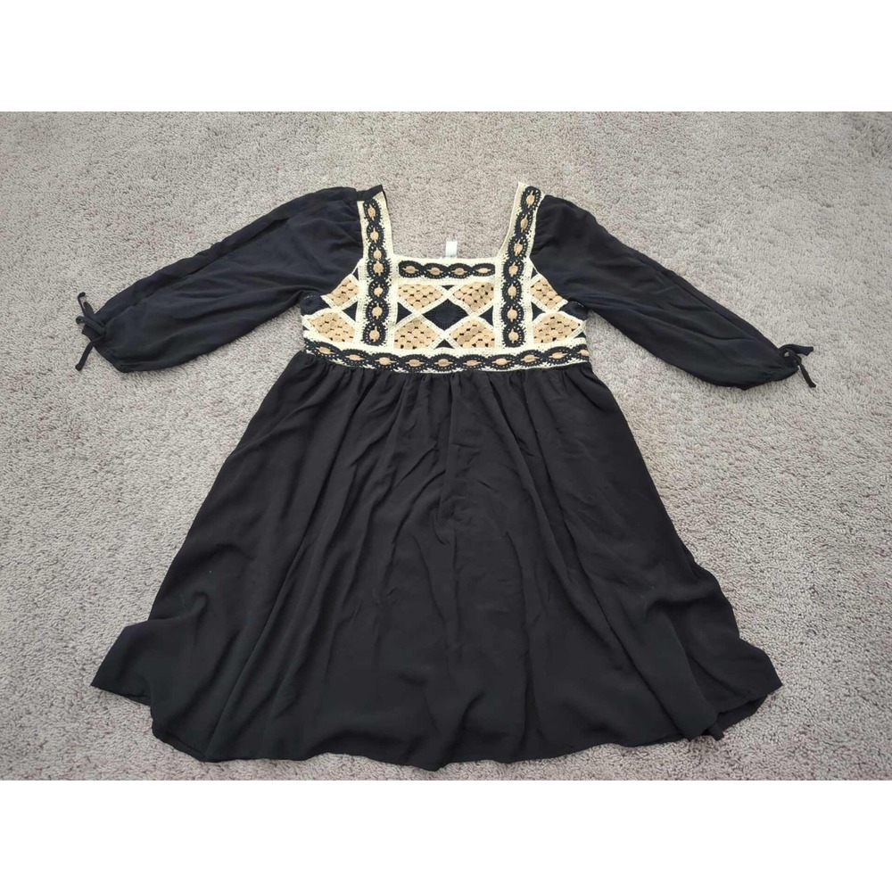 CATO Dress Womens S Black 3/4 Sleeve Square Neck Crochet A-Line Flowy Mini Boho